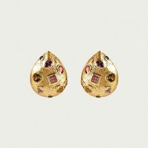 18 Karat Gold Plated Multi-Gem Teardrop Stud Earrings - Women Jewelry